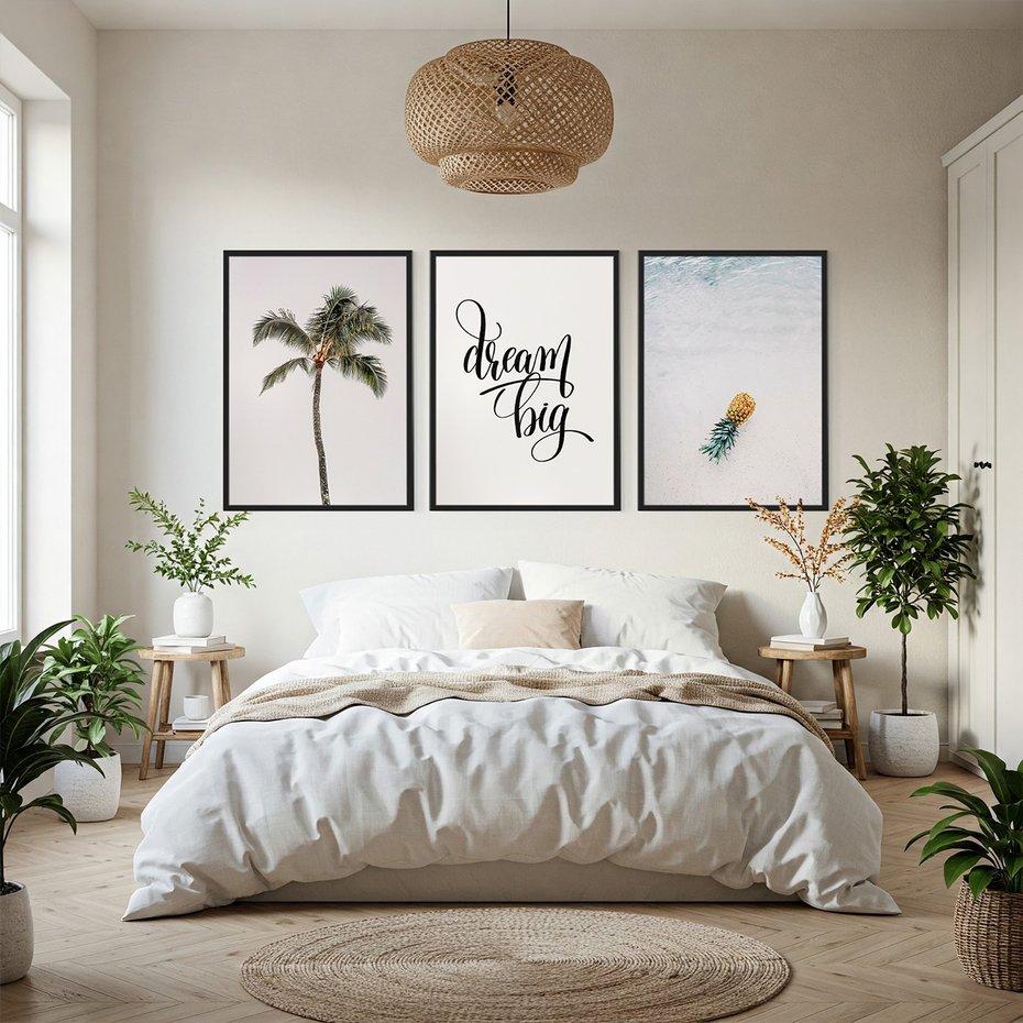 Zestaw obrazy w ramie, plakaty - palma, ananas, tropikalny - rama czarna