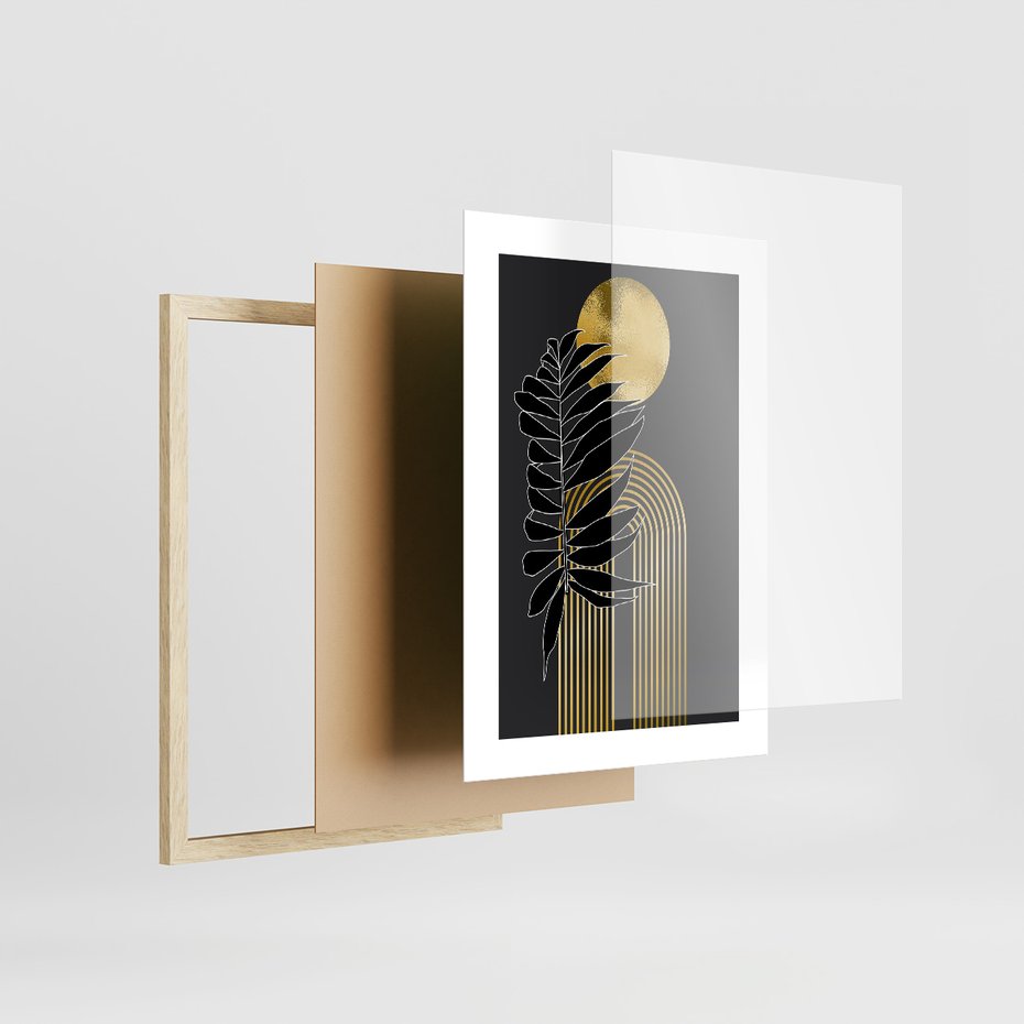 Zestaw obrazy w ramie, plakaty - liście, złoto, abstrakcja - rama drewno