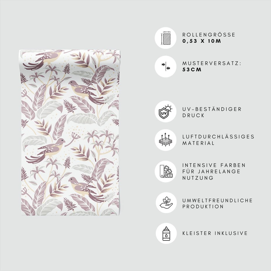 Tapeta - liście, ptaki, kwiaty