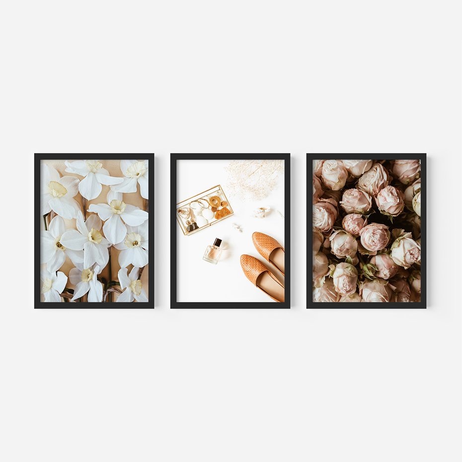 Zestaw obrazy w ramie, plakaty - kwiaty,róże,perfumy - rama czarna