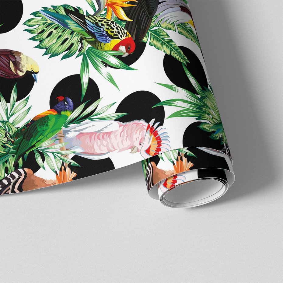 Tapeta - papugi, liście, kropki