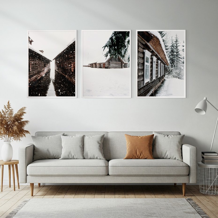 Zestaw obrazy w ramie, plakaty - zima, śnieg, budynki - rama biała