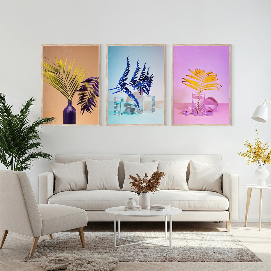 Zestaw obrazy w ramie, plakaty - liście, rośliny, minimalizm - rama drewno