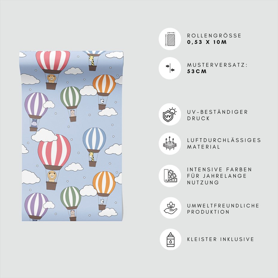 Tapeta - dziecięca, balony, zwierzęta, chmury
