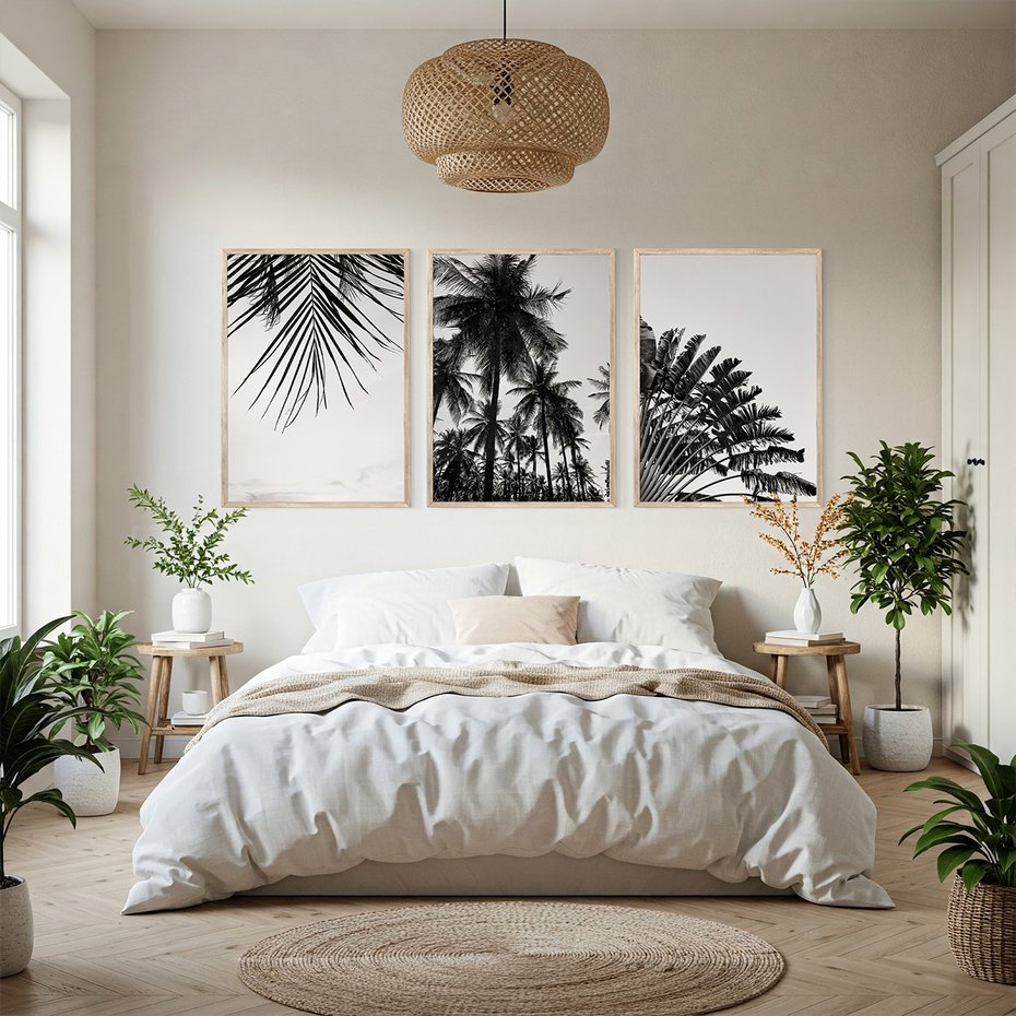 Zestaw obrazy w ramie, plakaty - palmy, liście, tropikalne - rama drewno