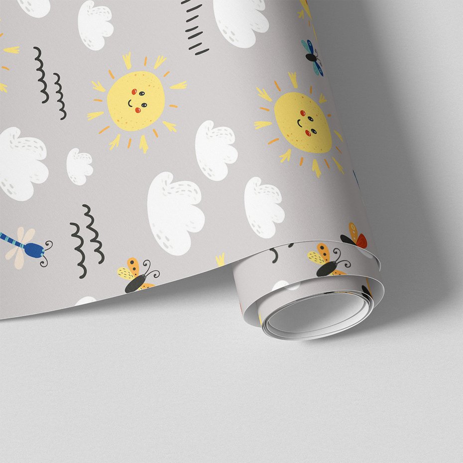 Tapeta - dziecięca, słońce, chmury, motyl