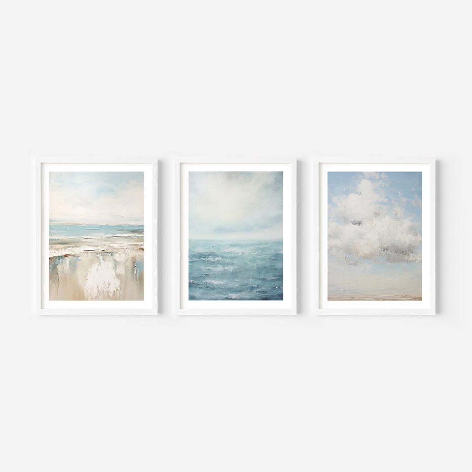 Zestaw obrazy w ramie, plakaty - morze, chmury, abstrakcja - rama biała