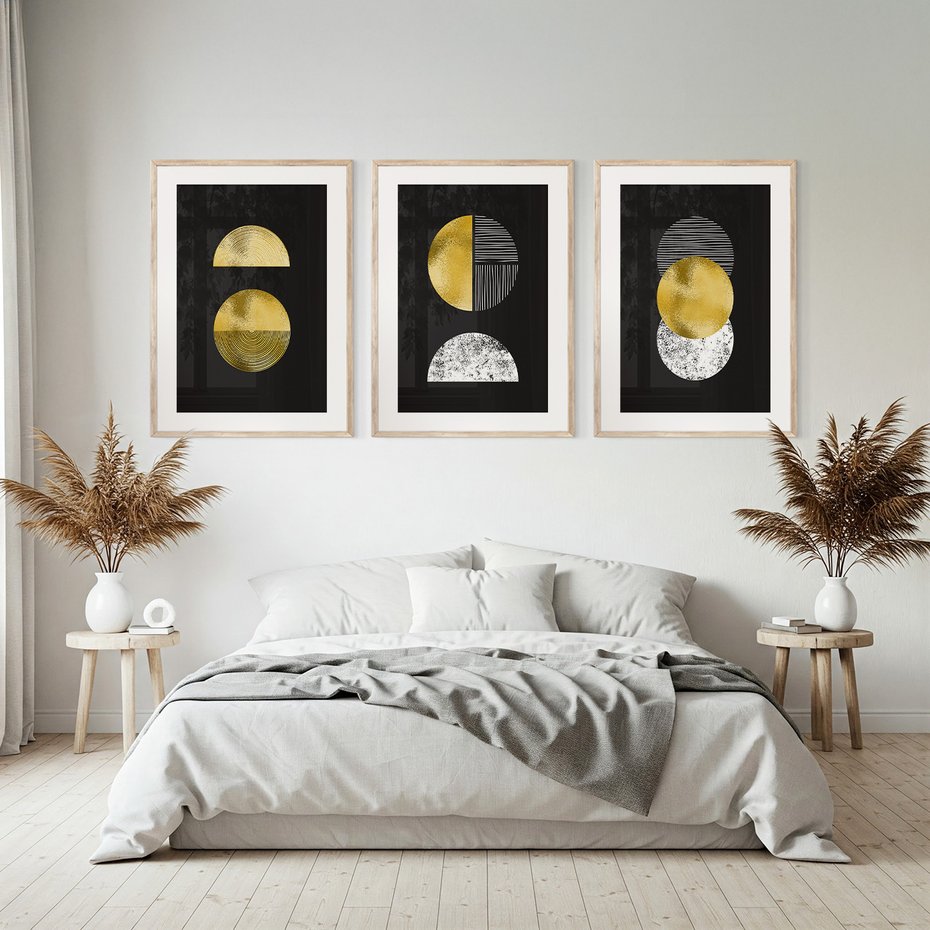 Zestaw obrazy w ramie, plakaty - złoty, abstrakcja, geometryczny - rama drewno