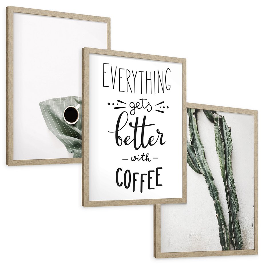 Zestaw obrazy w ramie, plakaty - kawa, kaktus, napisy - rama drewno