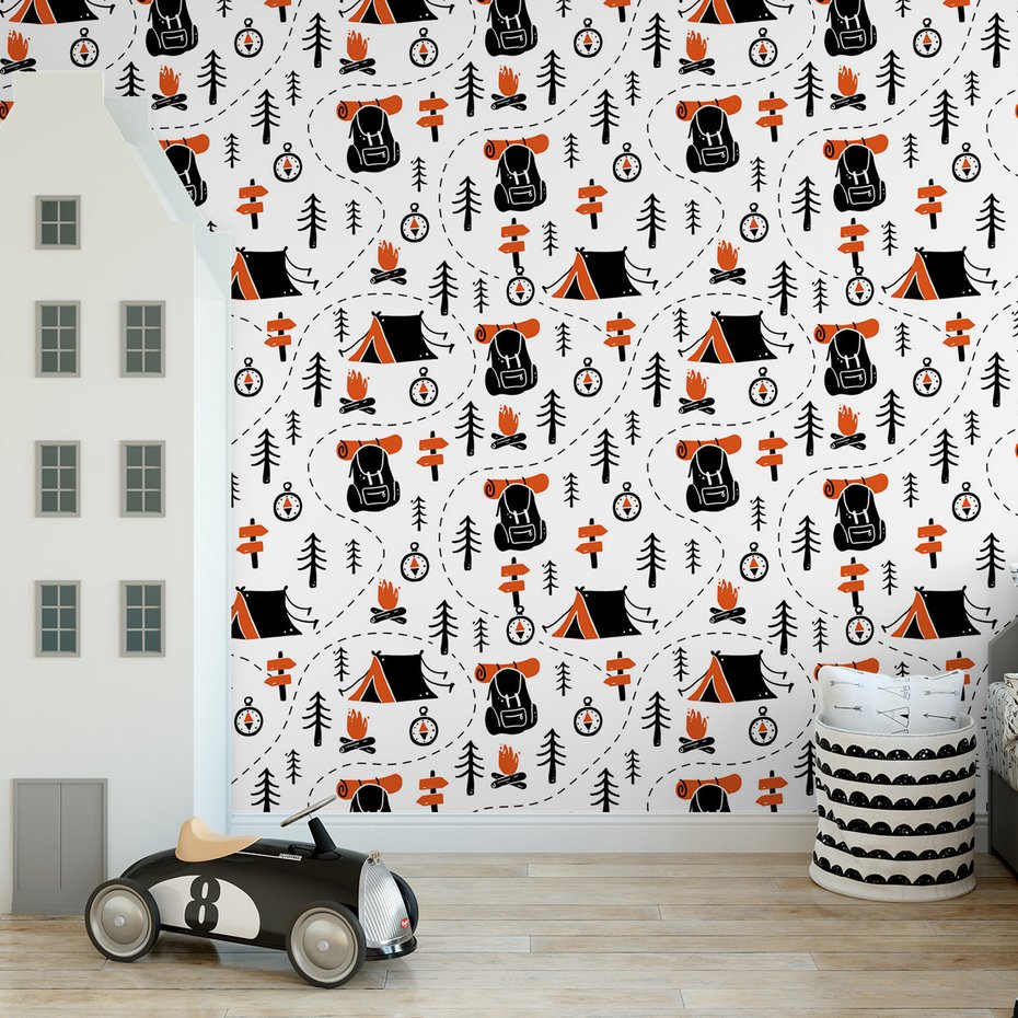 Tapeta - dziecięca, las, plecak, kompas