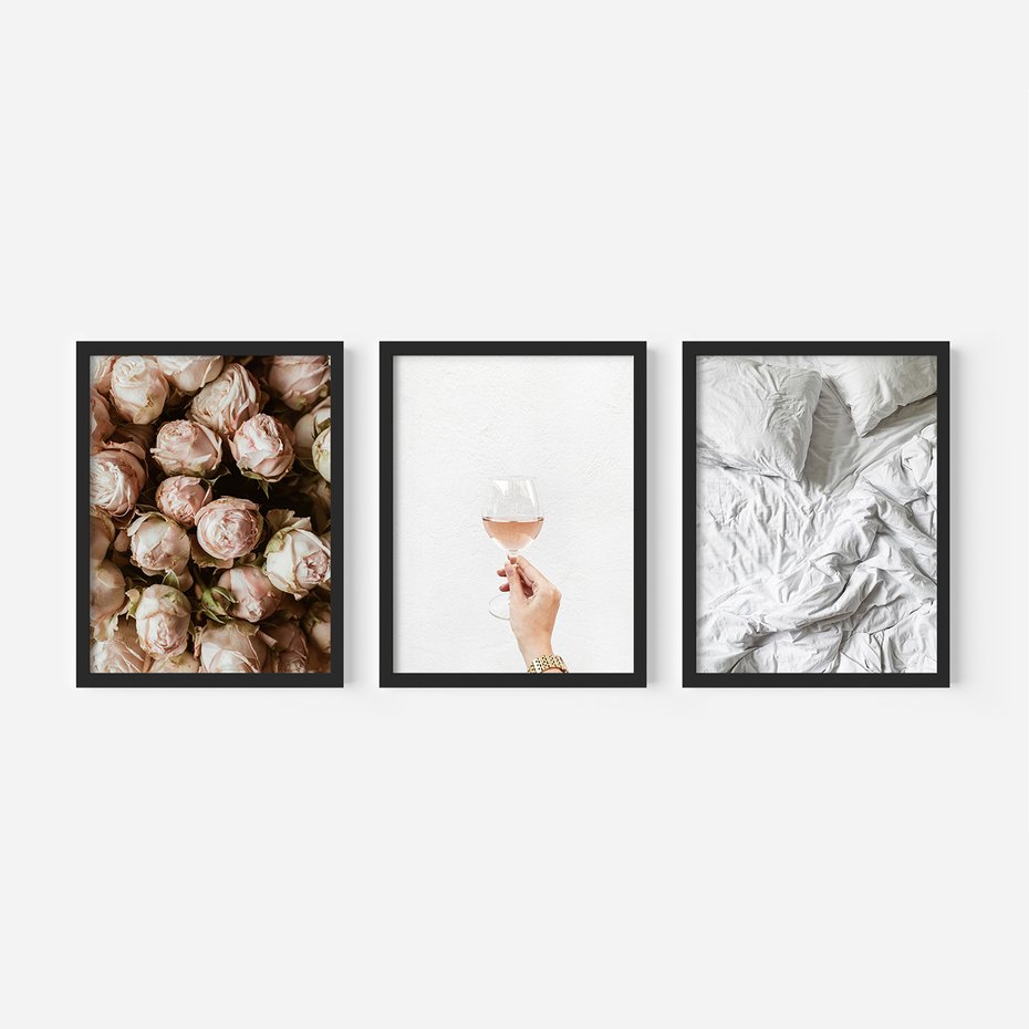 Zestaw obrazy w ramie, plakaty - róże, wino, pościel - rama czarna