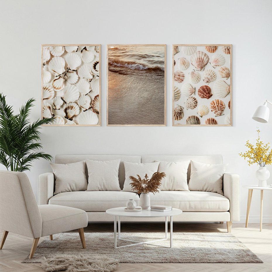 Zestaw obrazy w ramie, plakaty - muszle, plaża, woda - rama drewno