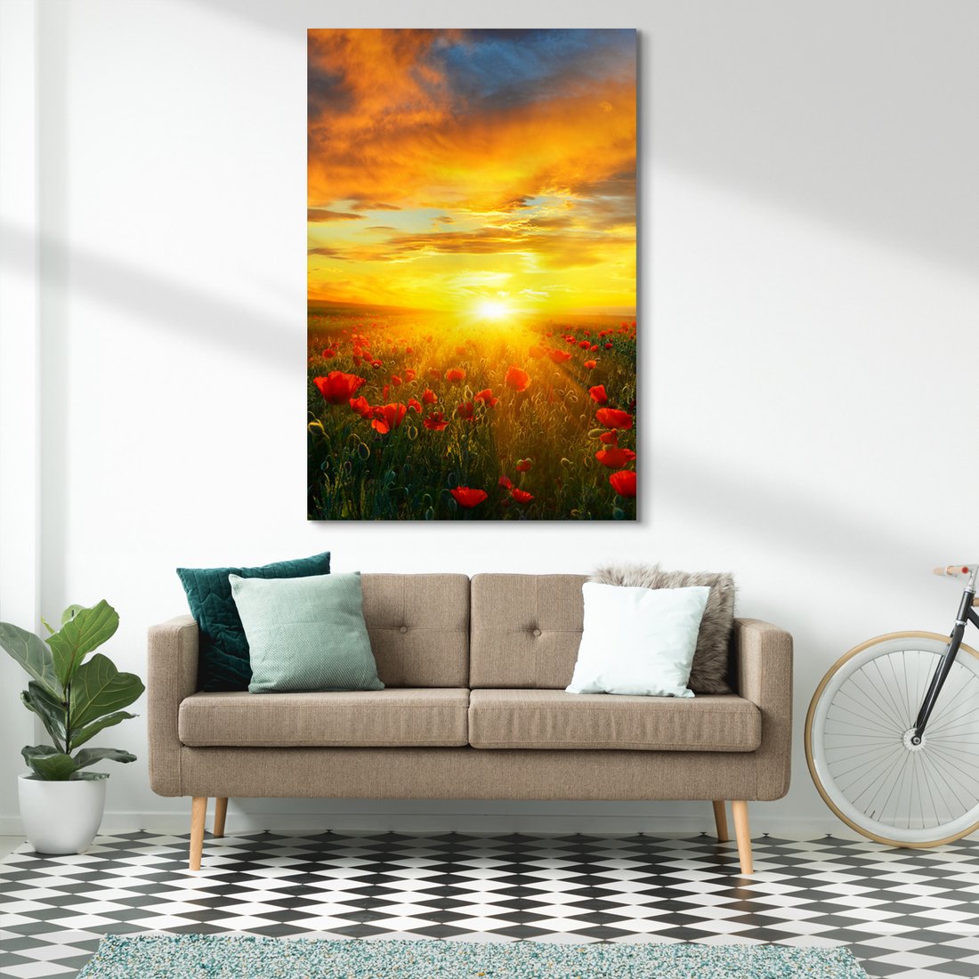 Obraz na płótnie - zachód słońca, kwiaty, pole