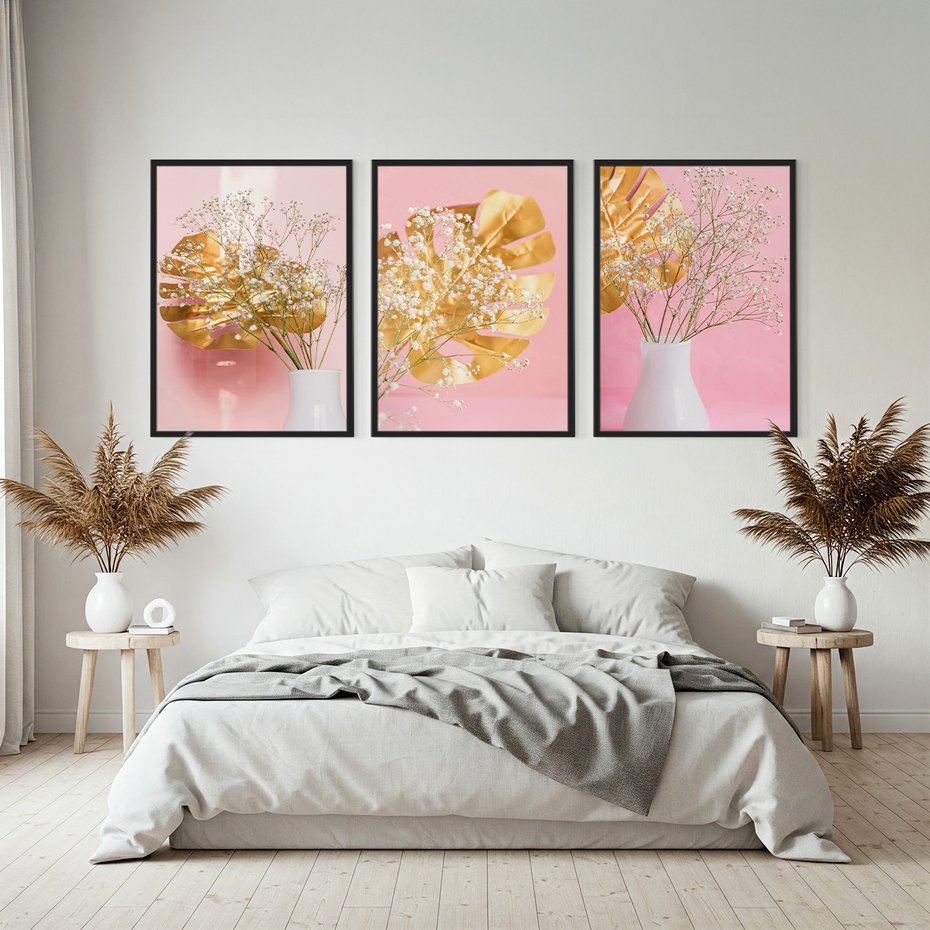 Zestaw obrazy w ramie, plakaty - kwiaty, liście, złoty - rama czarna