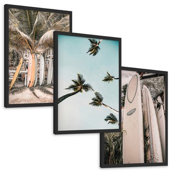 Zestaw obrazy w ramie, plakaty - palmy, deski surfingowe, plaża - rama czarna