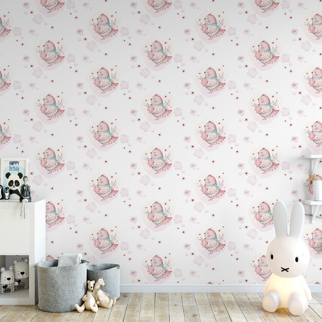 Tapeta - dziecięca, ptak, kwiaty, chmury