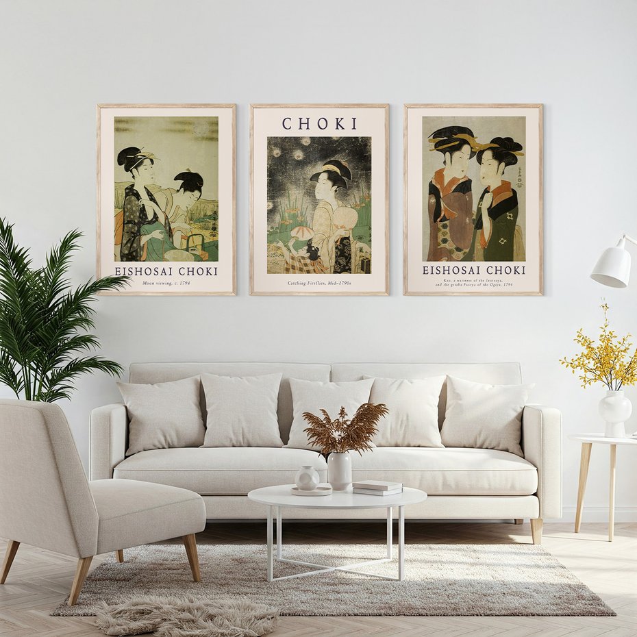 Zestaw obrazy w ramie, plakaty - japonizm, kobiety, portret - rama drewno