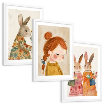 Zestaw obrazy w ramie, plakaty - króliki, dziewczynka, kwiaty - rama biała