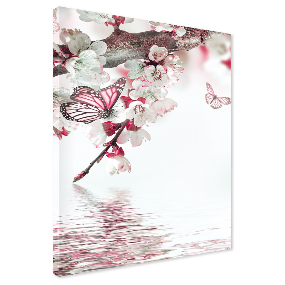 Obraz na płótnie - kwiaty, motyle, woda