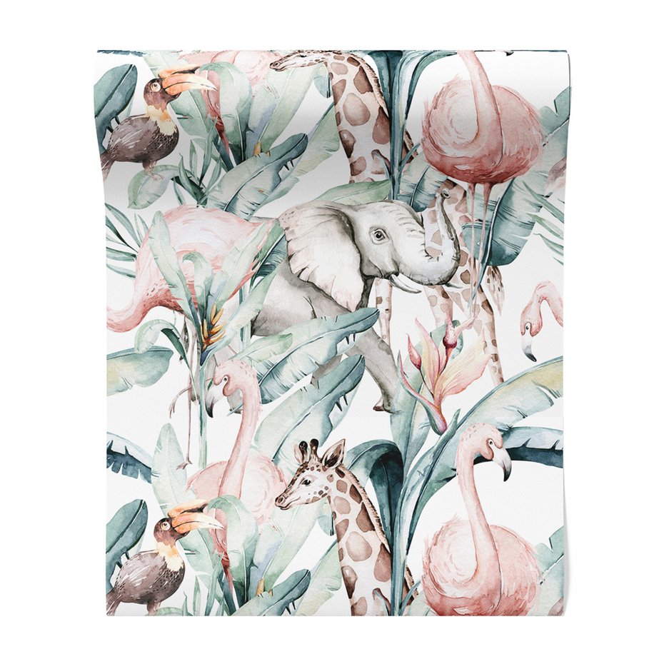 Tapeta - żyrafa, słoń, flaming,