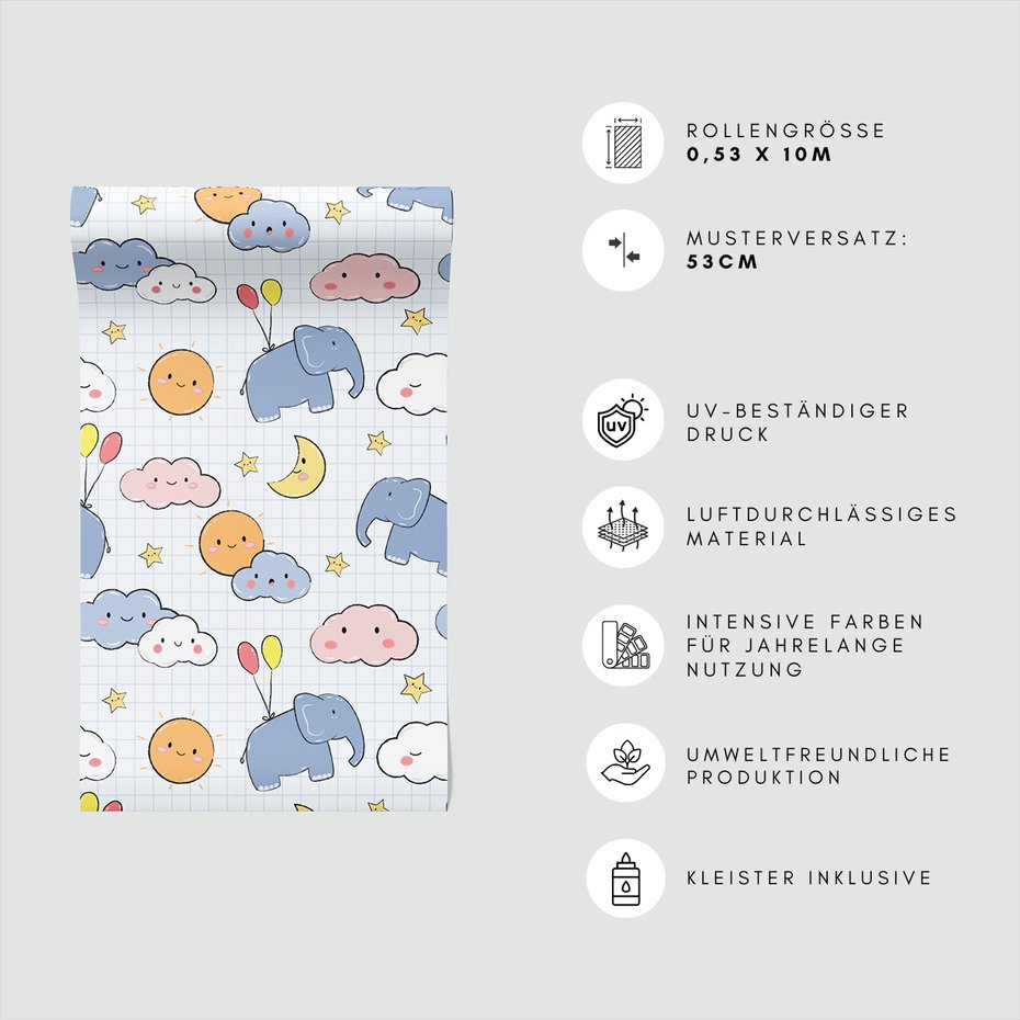 Tapeta - dziecięca, słońce, chmury, gwiazdy