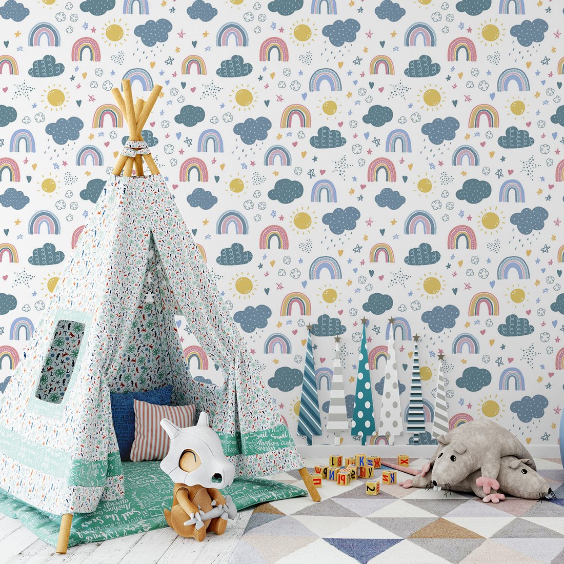 Tapeta - dziecięca, chmura, słońce, tęcza