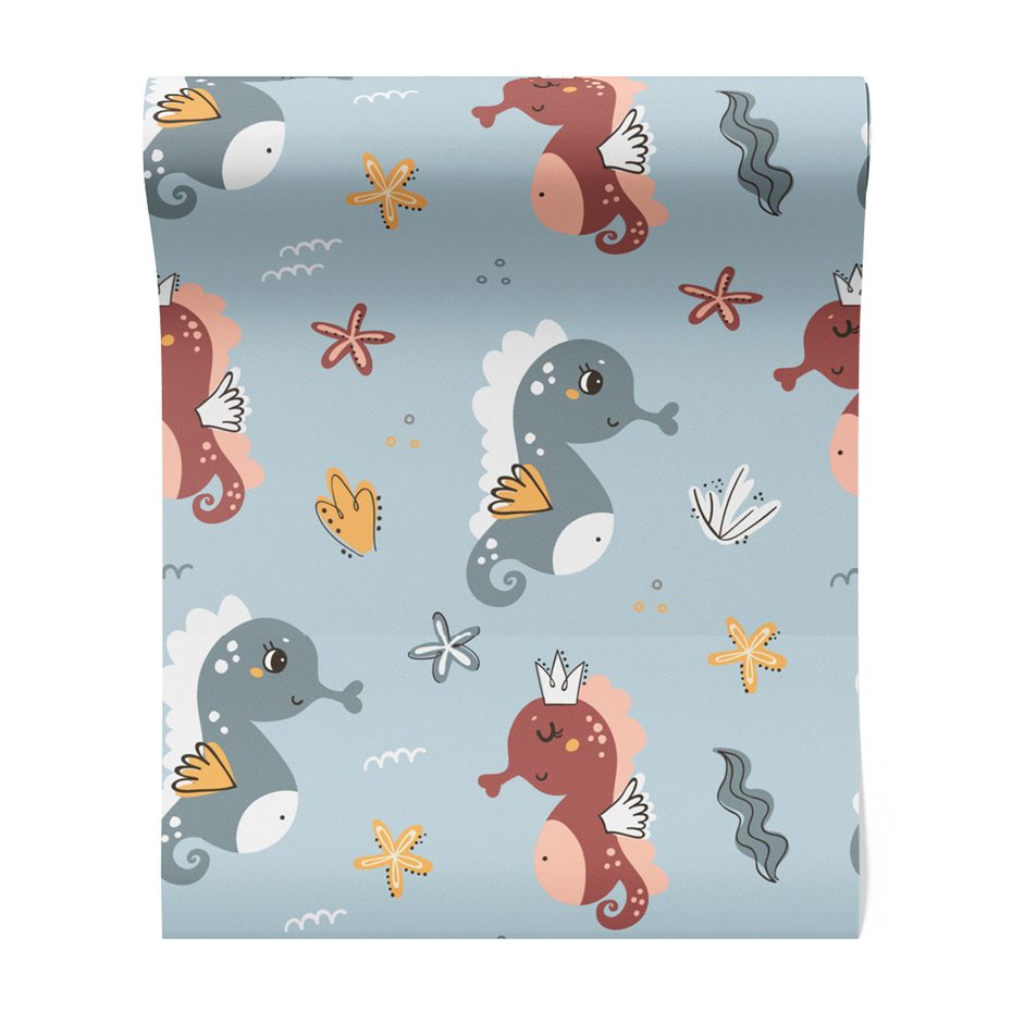 Tapeta - dziecięca, koniki morskie, gwiazdy, korony