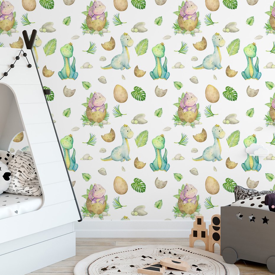 Tapeta - dziecięca, dinozaury, liście, kamienie