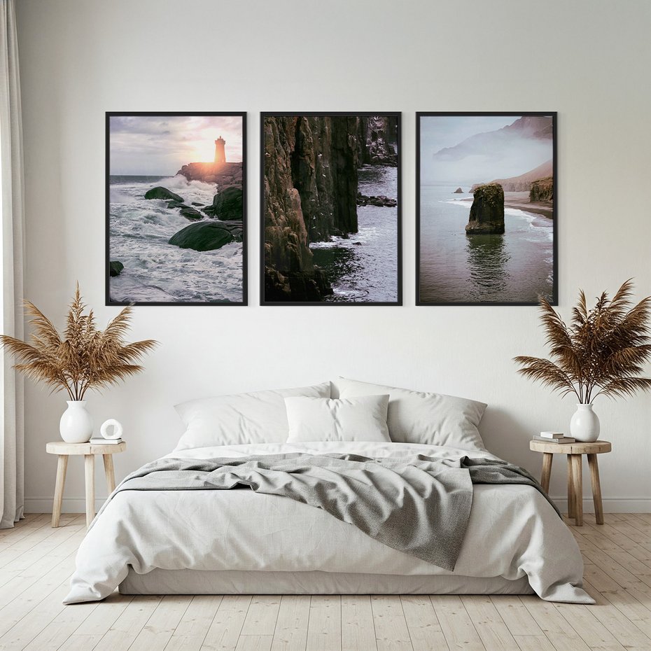 Zestaw obrazy w ramie, plakaty - morze, skały, wybrzeże - rama czarna