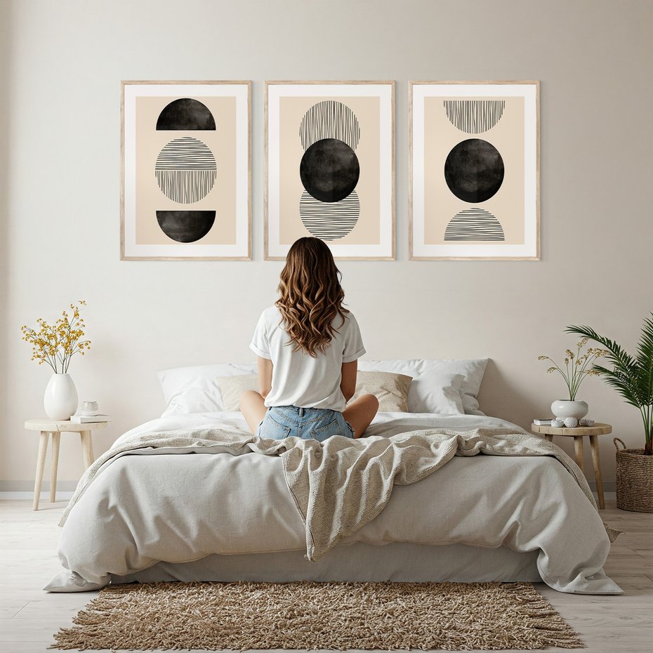 Zestaw obrazy w ramie, plakaty - abstrakcja, minimalizm, geometria - rama drewno