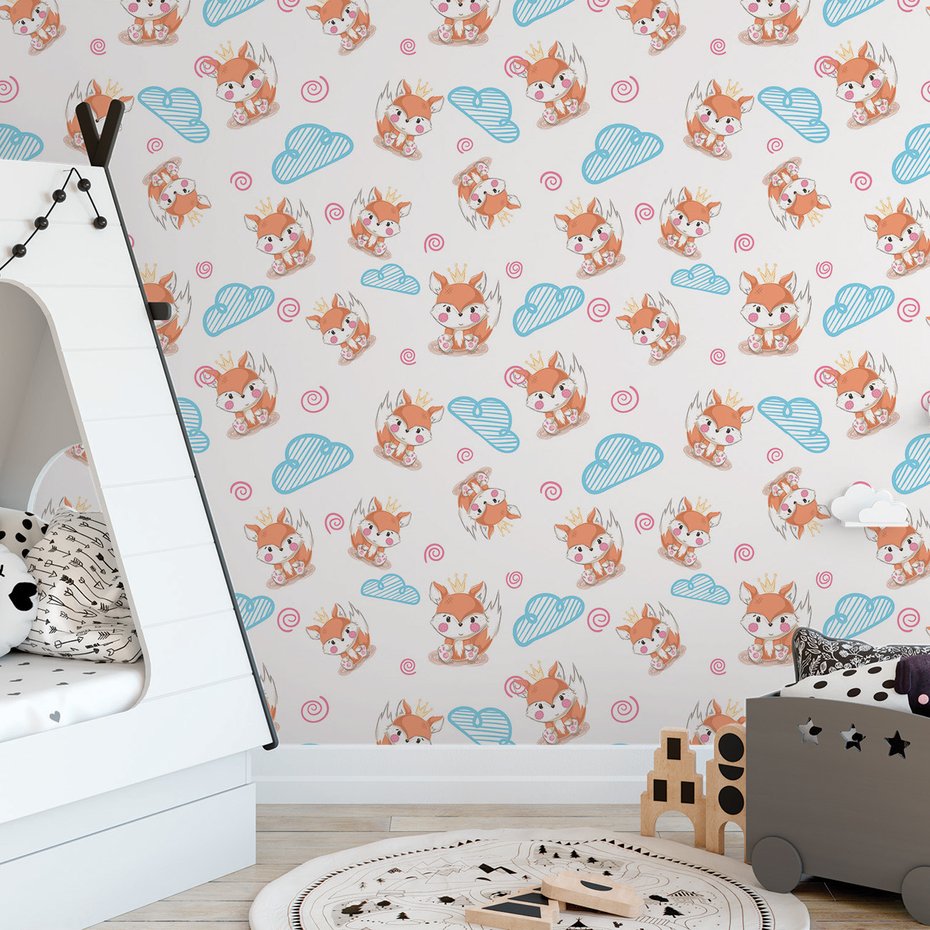 Tapeta - dziecięca, lisy, korona, chmury