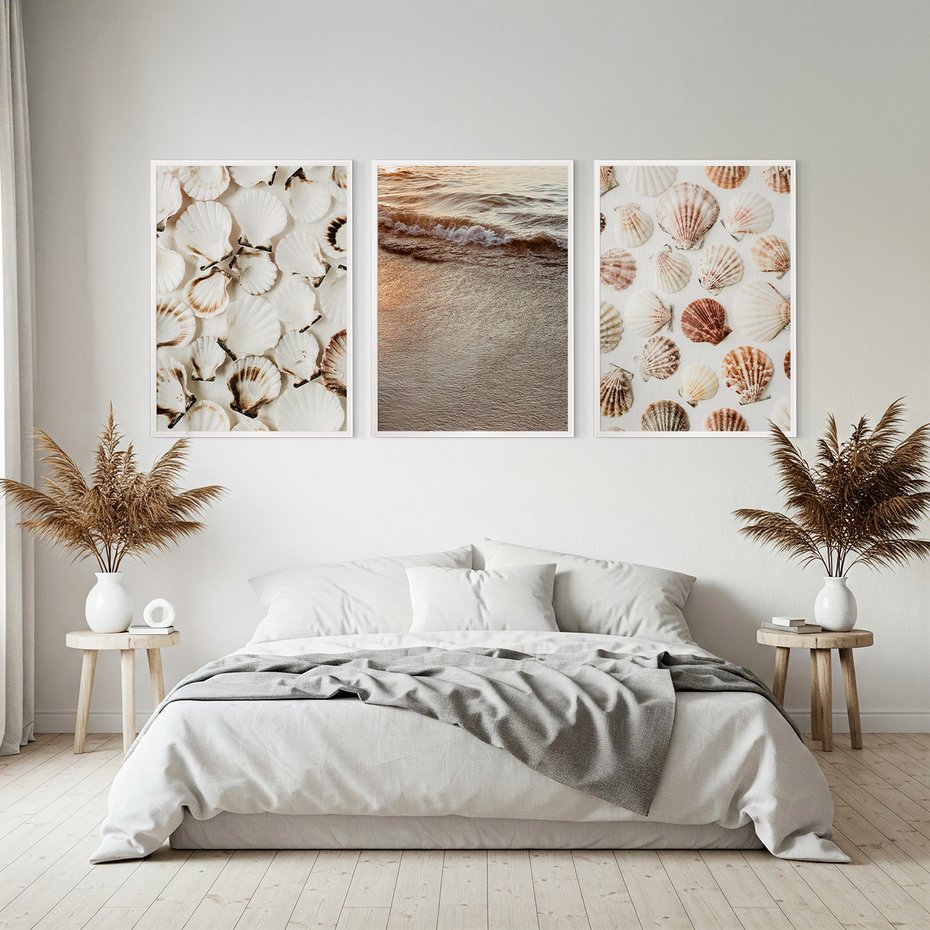 Zestaw obrazy w ramie, plakaty - muszle, plaża, woda - rama biała