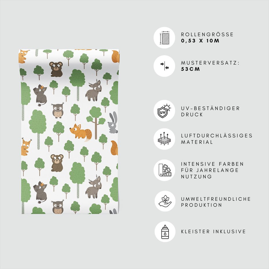 Tapeta - dziecięca, las, zwierzęta,