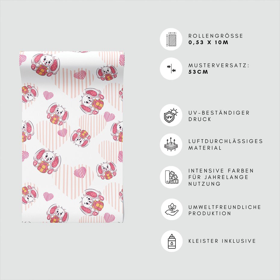 Tapeta - dziecięca, królik, serce, prezent