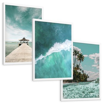 Zestaw obrazy w ramie, plakaty - plaża, morze, tropiki - rama biała