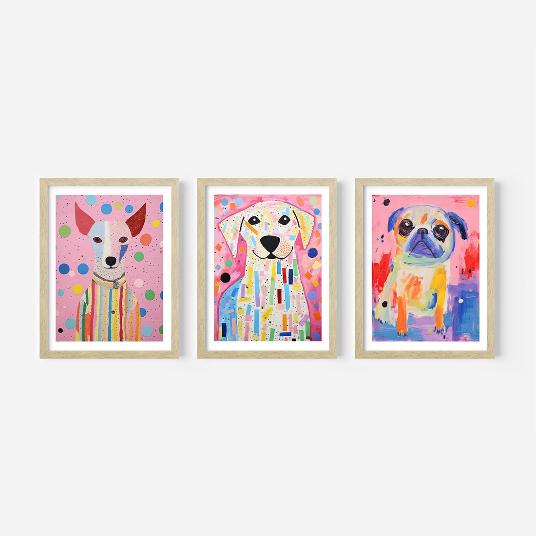 Zestaw obrazy w ramie, plakaty - zwierzęta, psy, kolorowe - rama drewno