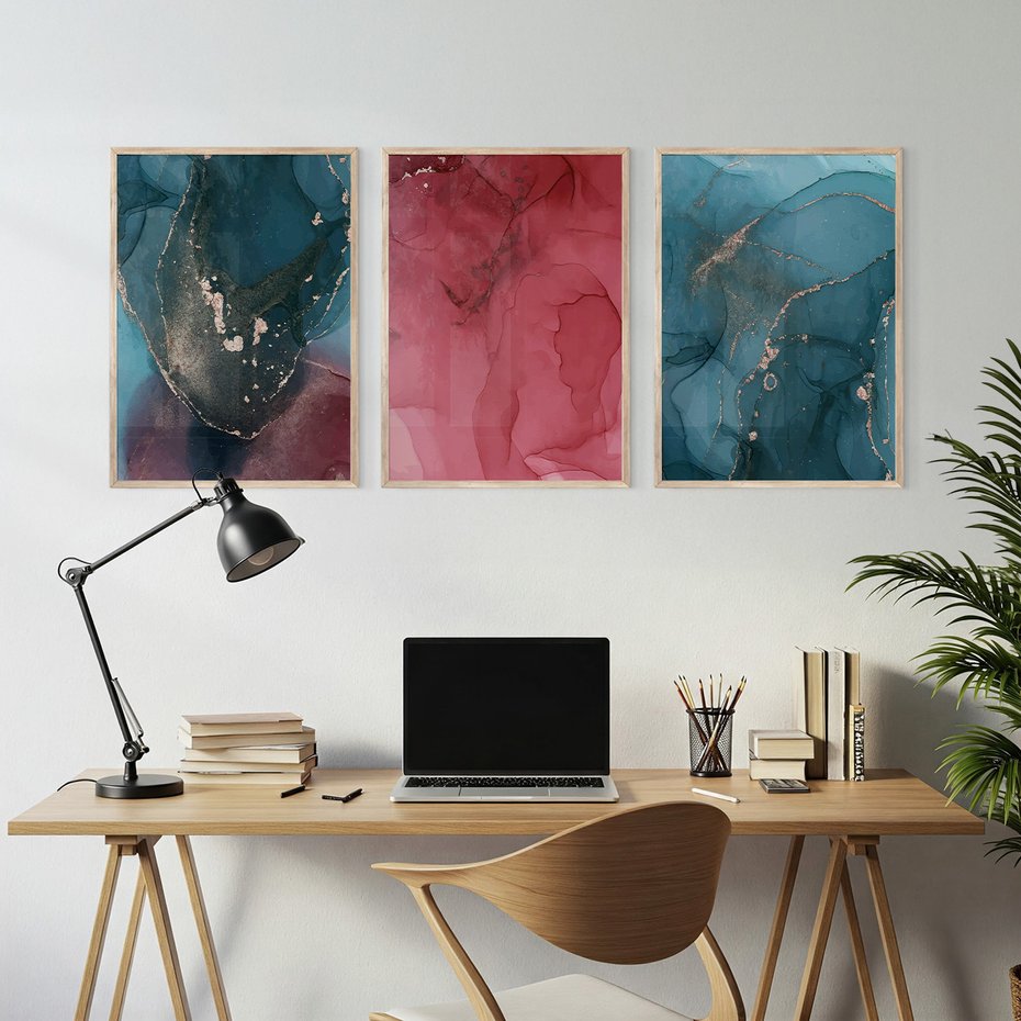 Zestaw obrazy w ramie, plakaty - abstrakcja,akwarele,marmur - rama drewno