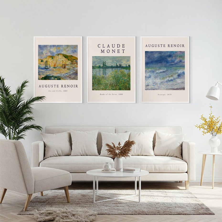 Zestaw obrazy w ramie, plakaty - impresjonizm, pejzaż, morze - rama biała