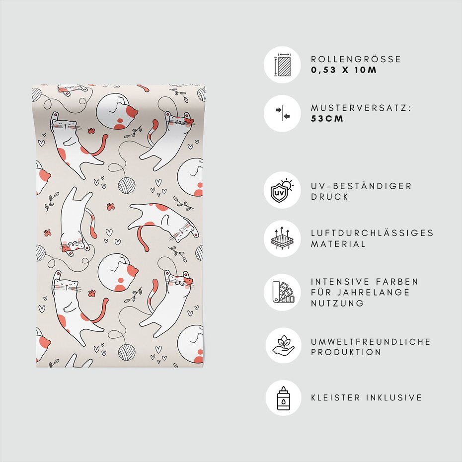 Tapeta - dziecięca, koty, serca, kwiaty