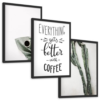 Zestaw obrazy w ramie, plakaty - kawa, kaktus, napisy - rama czarna