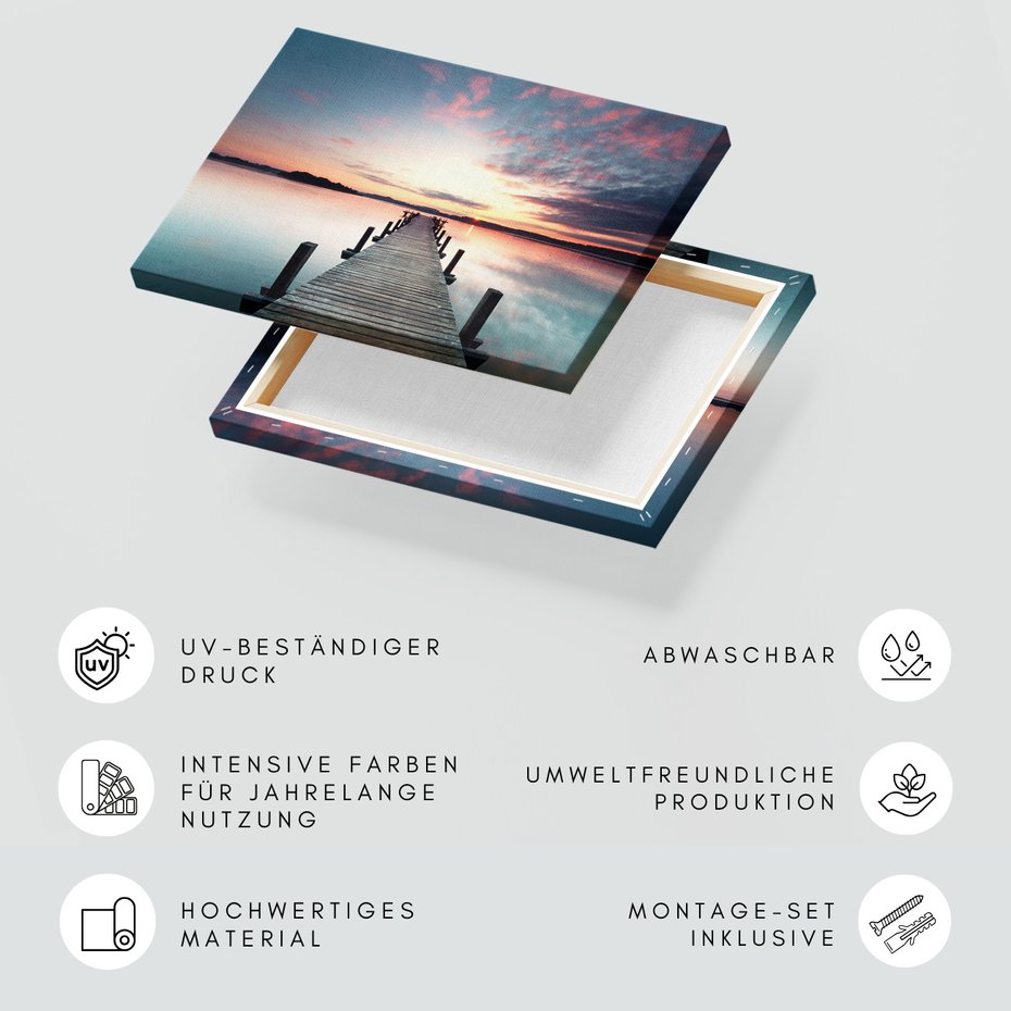 Obraz na płótnie - pomost, jezioro, zachód słońca