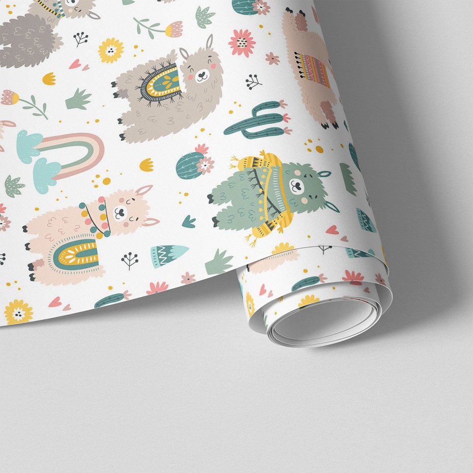 Tapeta - dziecięca, lama, kaktus, tęcza