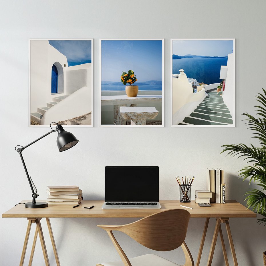 Zestaw obrazy w ramie, plakaty - Grecja, morze, Santorini - rama biała