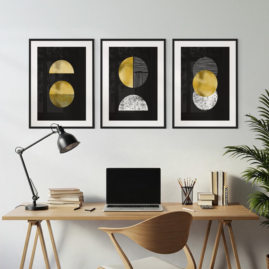 Zestaw obrazy w ramie, plakaty - złoty, abstrakcja, geometryczny - rama czarna