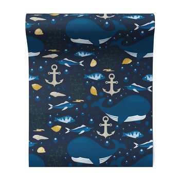 Tapeta - dziecięca, wieloryby, ryby, kotwice