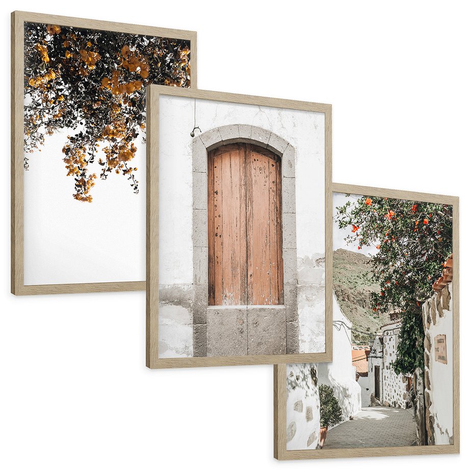 Zestaw obrazy w ramie, plakaty - drzwi, kwiaty, budynki - rama drewno