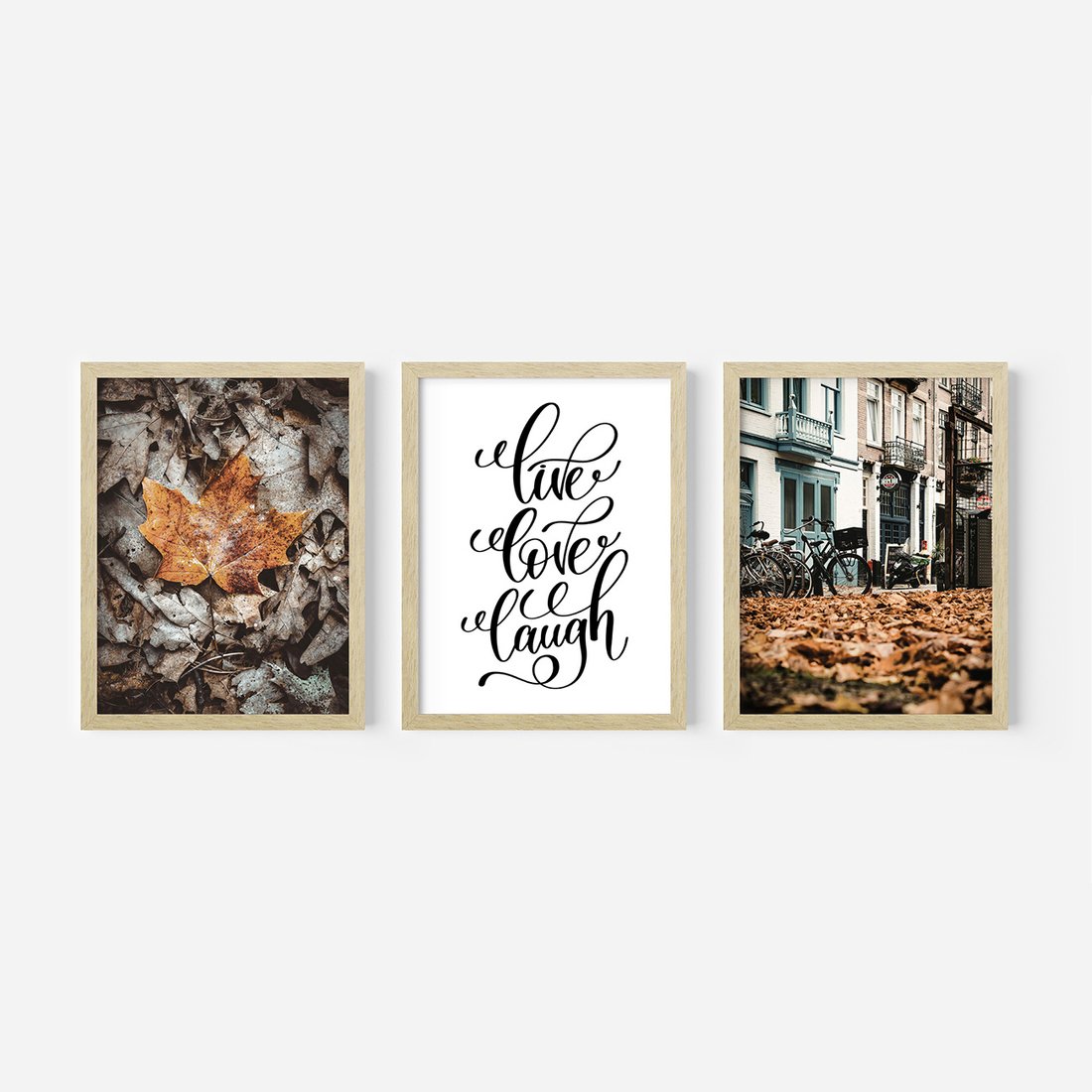 Zestaw obrazy w ramie, plakaty - liście, jesień, napisy - rama drewno