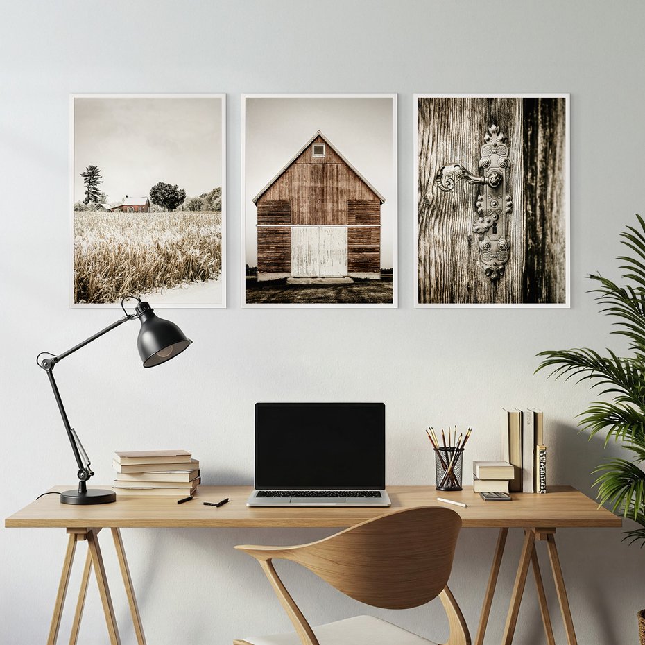 Zestaw obrazy w ramie, plakaty - wieś, dom, drewno - rama biała