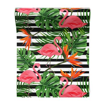 Tapeta - flamingi, liście, kwiaty