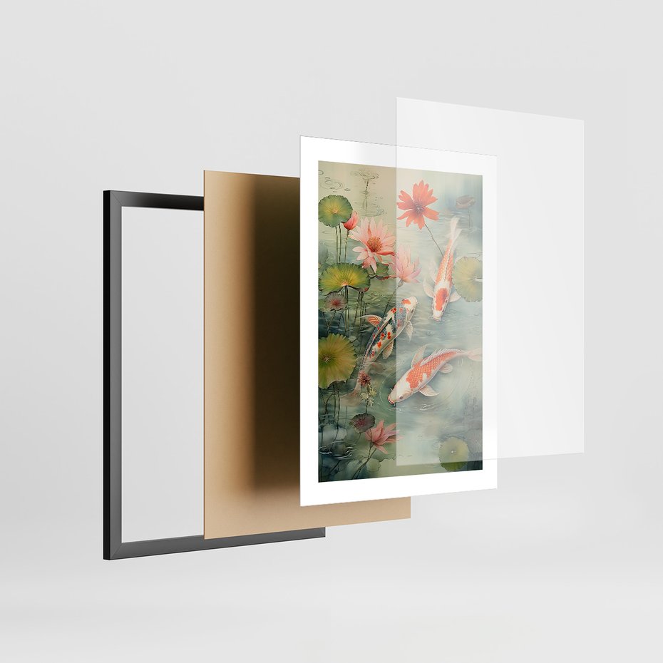 Zestaw obrazy w ramie, plakaty - kwiaty lotosu, ryby koi, azjatycka kobieta - rama czarna